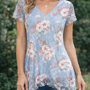 Seafoam Blue Bohemian Mesh Crinkled short-sleeve Blouse with pink roses, size S